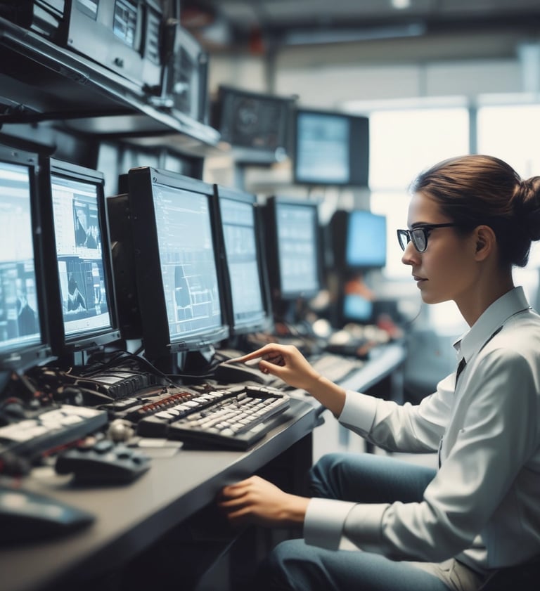 Female IT professional monitoring data analytics on multiple computer screens in a high-tech control room.