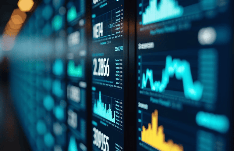 Digital stock market dashboard displaying real-time financial data charts and trading analytics on blue screens.