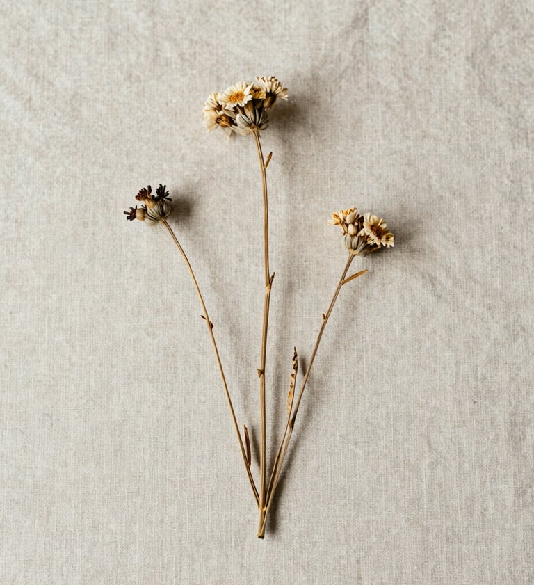 A minimalist composition of dried wildflowers arranged on a pale moss colored linen cloth. The aesthetic is refined and timeless, with soft shadows and an elegant, artisanal feel.