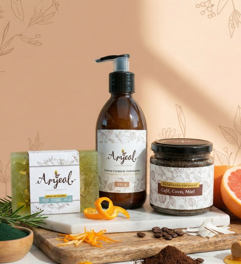 Cosmetica Natural sobre una tabla con ingredientes naturales