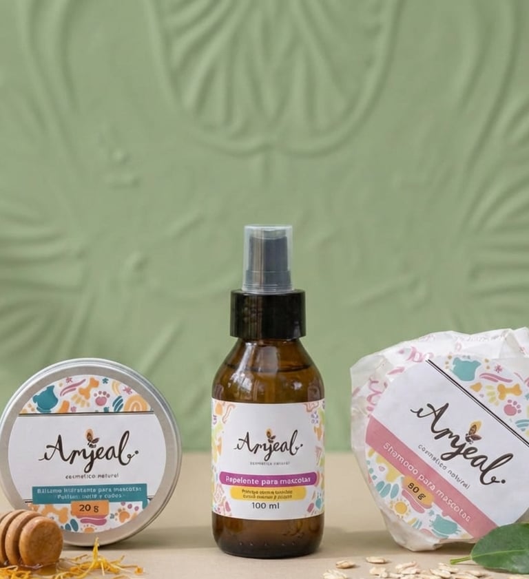 Productos de cosmetica natural para mascotas en una mesa