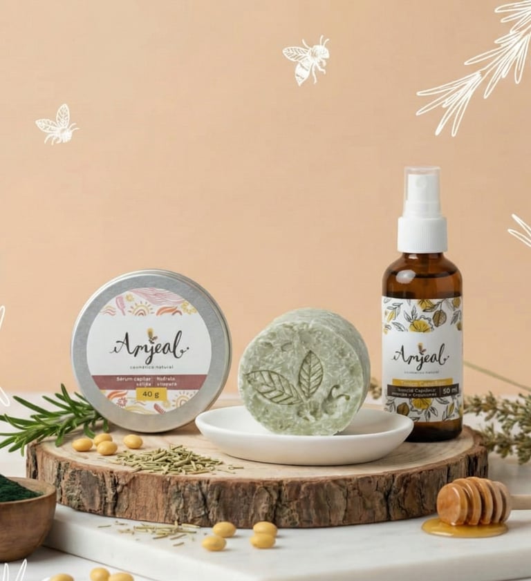 Productos naturales capilares sobre madera con sus ingredientes