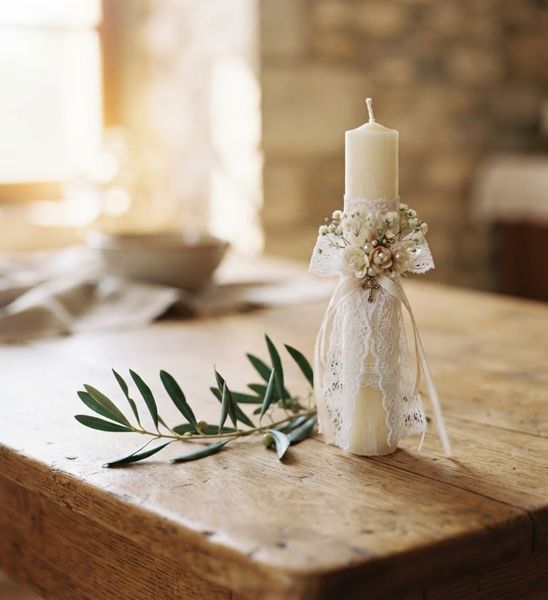 Vela blanca de bautismo elegante con encaje y flores sobre una mesa rústica de madera.