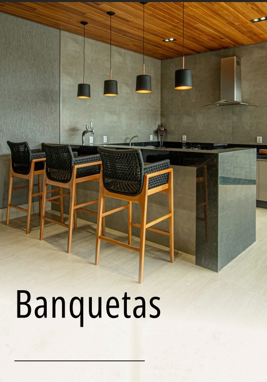 Móveis assentos: banqueta alto padrão feitas em alumínio, madeira, corda náutica, fibra sintética