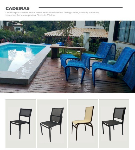 Móveis assentos: cadeira alto padrão feitas em alumínio, madeira, corda náutica, fibra sintética