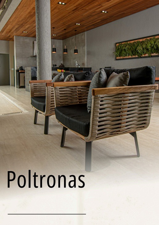 Móveis assentos: poltrona alto padrão feitas em alumínio, madeira, corda náutica, fibra sintética