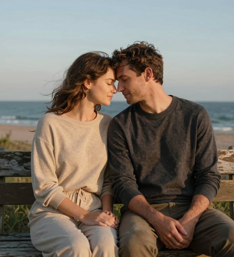 A couple leaning their foreheads together with eyes closed, sitting on a weathered wooden bench by the coast. They are wearing soft sand and charcoal tones. The scene is bathed in a warm, authentic evening light.