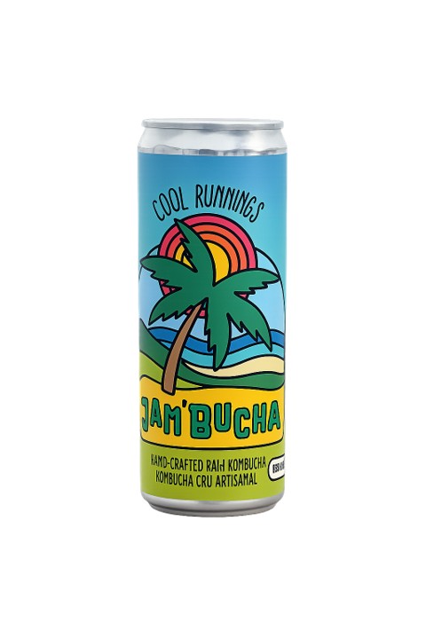 Jam'Bucha Cool Runnings hand-crafted raw kombucha in a slim can with a palm tree beach design.