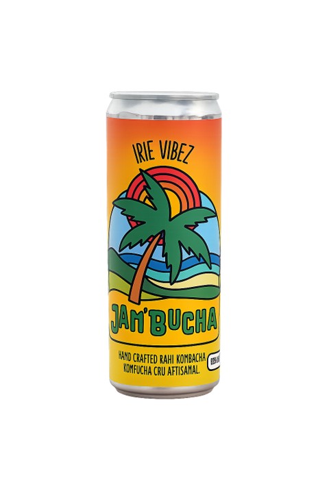 A can of Jam'Bucha handcrafted raw kombucha with a tropical palm tree and sunset label design.