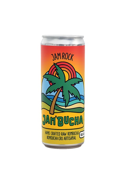 Jam Rock Jam'Bucha hand crafted raw kombucha can with tropical palm tree sunset label design.