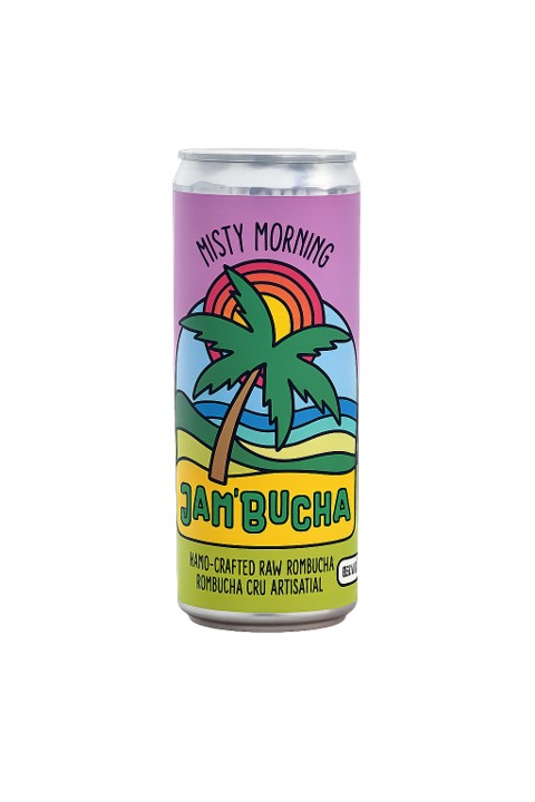 A can of Jam'Bucha Misty Morning hand-crafted raw kombucha with a tropical palm tree design.