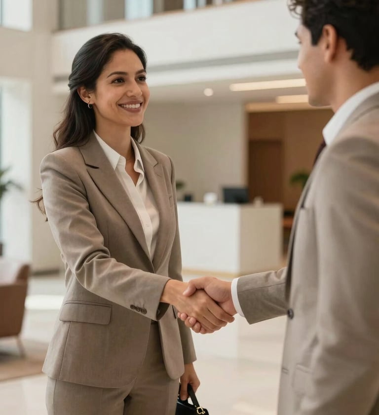 A detailed shot of a South American / Brazilian professional greeting a client with a handshake in a bright, modern lobby, elegant business attire, warm and professional atmosphere, muted taupe tones.