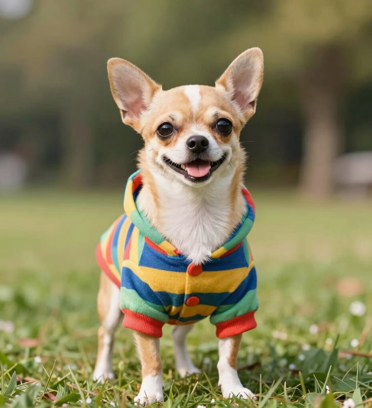 Un chihuahua sonriente de pelo corto, con una sudadera con capucha a rayas de colores.