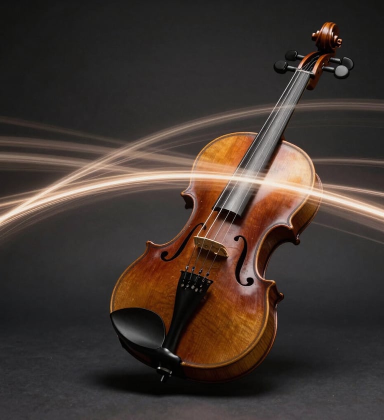 An abstract long-exposure photograph of light dancing across violin strings. The color palette features deep walnut browns and soft taupe highlights against a dark charcoal background.