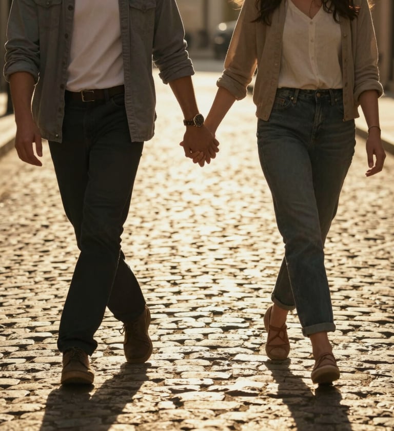 Cinematic shot of a couple holding hands while crossing a sun-drenched cobblestone street. Warm, golden late afternoon light, natural poses, emotional connection.