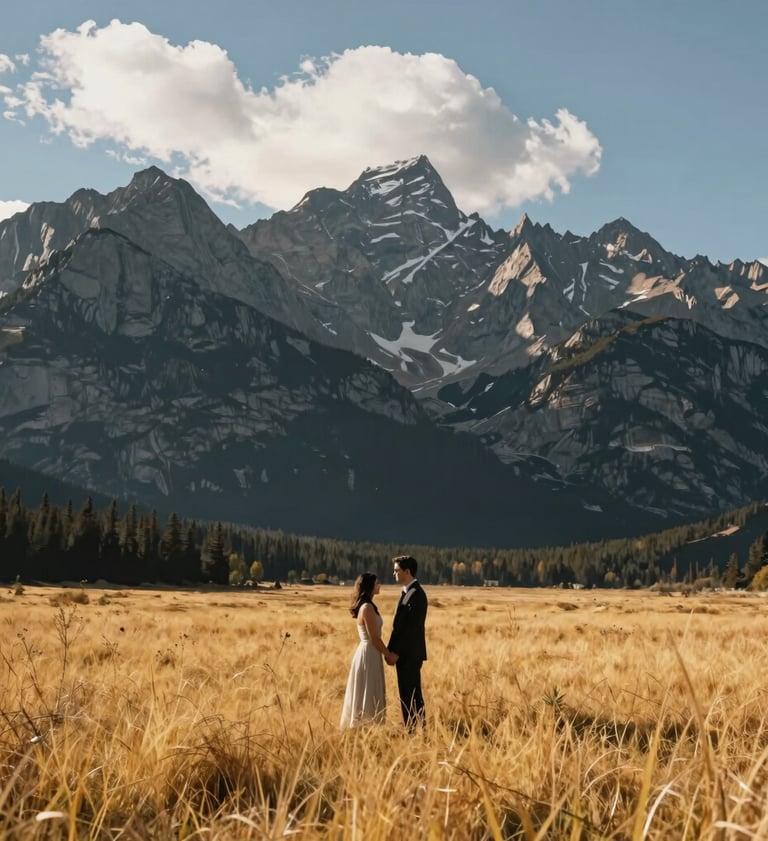 A wide-angle landscape photograph of a couple standing in a golden meadow at the base of the North American Rocky Mountains. The lighting is soft and warm, capturing a high-end, clean professional vibe with deep charcoal shadows and bright white clouds.