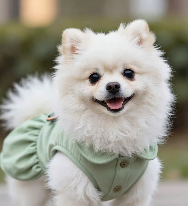 Perro color blanco usando ropa color verde