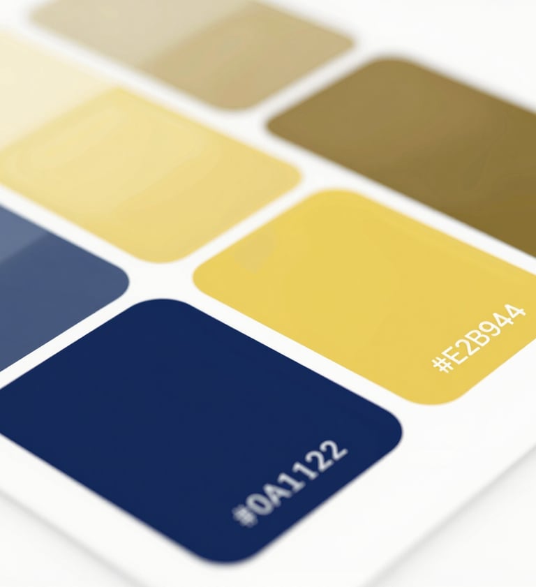 Close-up of a color palette swatch including #0A1128 and #E2B941, presented as abstract architectural shapes. Lighting is soft and professional, emphasizing design precision.
