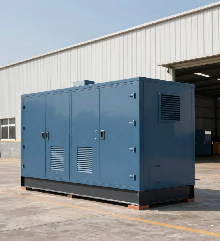 A modern soundproof power generator unit positioned neatly beside a commercial warehouse in a South American industrial park. Slate blue metal casing, clean architectural surroundings under clear daylight.