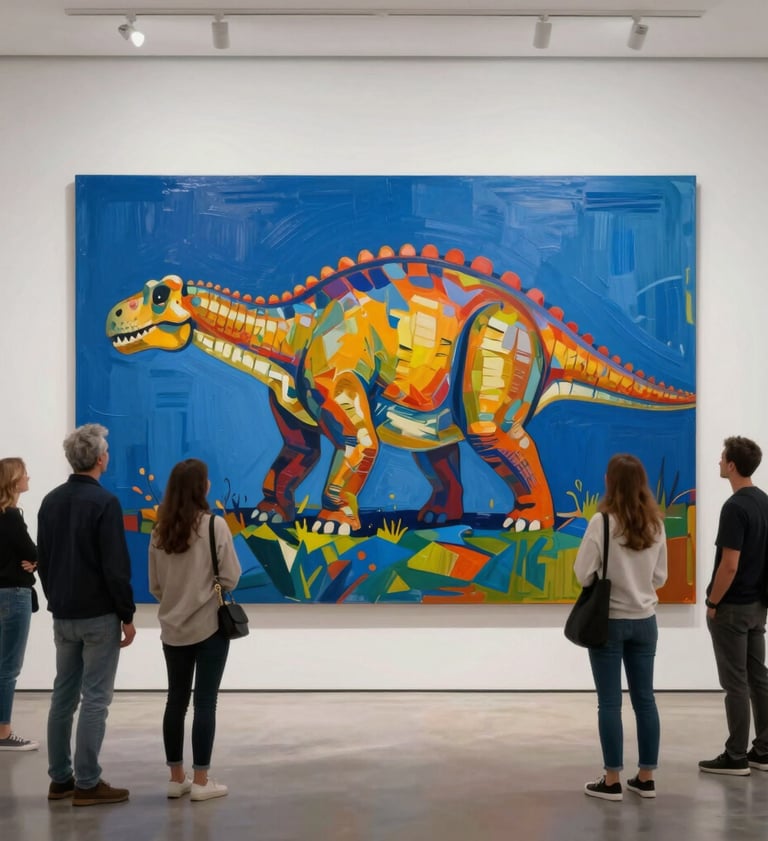 A group of modern art lovers viewing a large, vibrant Brachiosaurus painting in a minimalist gallery. The painting features bold acrylic strokes in #D87D51 and #1F3A4B, capturing a high-energy pop-art vibe.