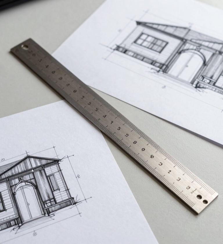 A top-down organized shot of architectural sketches and a Steel Grey ruler on a Light Silver workspace in a North American / US office environment. The lighting is bright and professional.