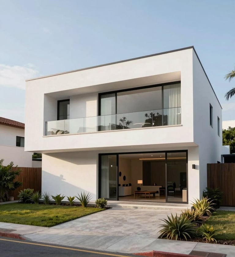 Wide-angle exterior shot of a modern architectural home with white walls and clean lines, located in a prestigious Latin American neighborhood during a clear day.