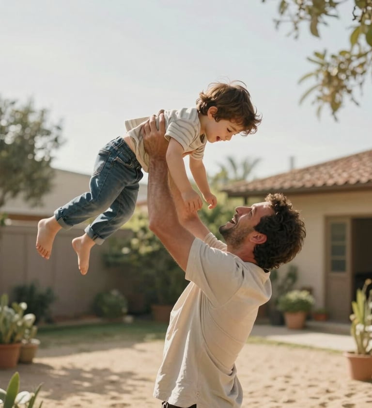 A medium shot of a father lifting his son toward the sky. The lighting is bright and airy, featuring soft sand and almond colors in the environment. A joyous, authentic moment in a Western / Global backyard garden.
