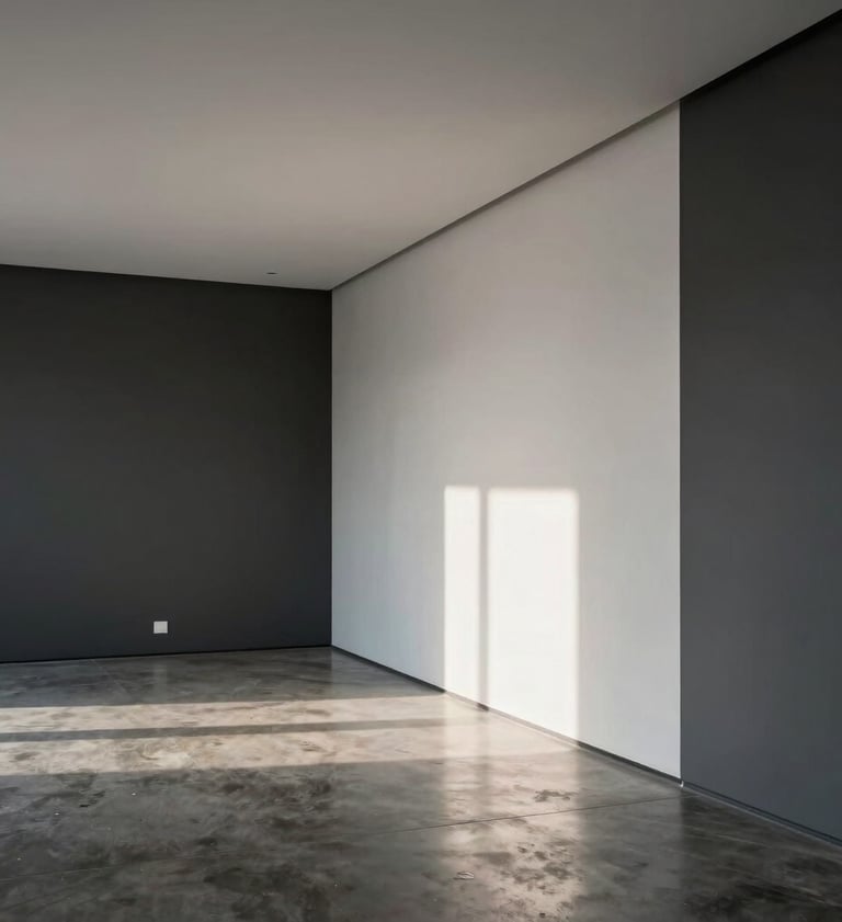 Interior of a modern gallery-like living space in a European Portuguese home. High ceilings, polished concrete floors, minimalist furniture. A single beam of natural light hitting a Snow White wall. Midnight Grey and Snow White contrast, sophisticated mood.