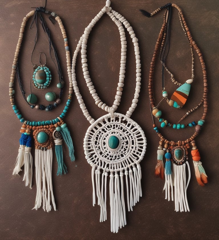 Collares boho de macramé hechos a mano con cuentas turquesa y borlas con flecos sobre un fondo café.