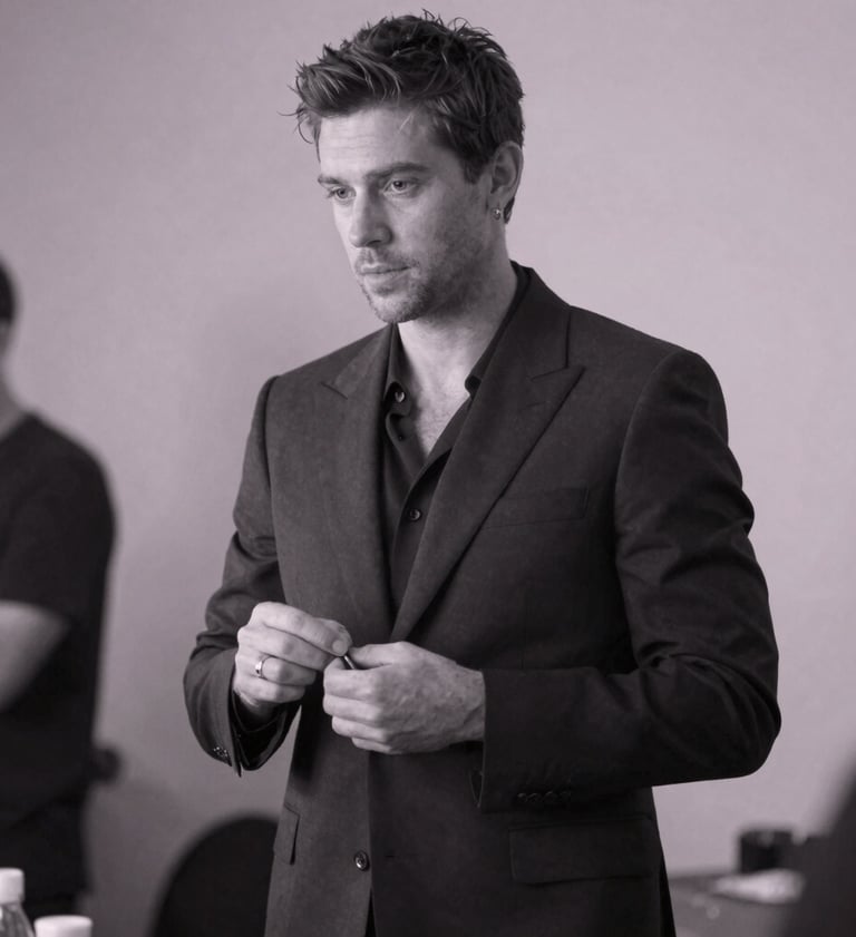 A candid black and white style photograph with deep charcoal and pale lavender mist tones, showing Stefan Taylor preparing backstage. He wears a tailored suit, looking authoritative and focused before a show.
