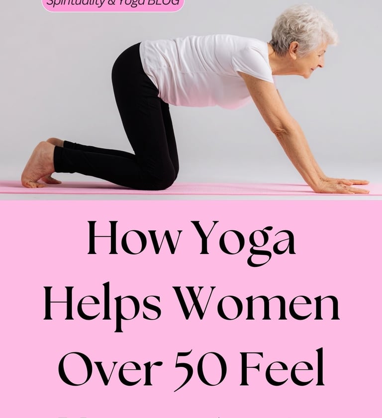 Senior woman practicing a yoga tabletop pose on a pink mat for health and wellness.