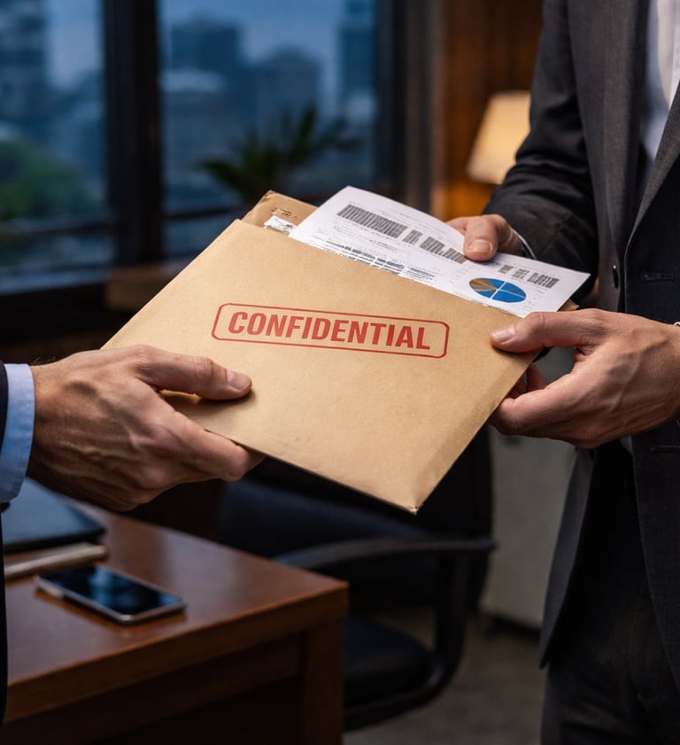 exchanging a brown manila envelope stamped with a red confidential seal.
