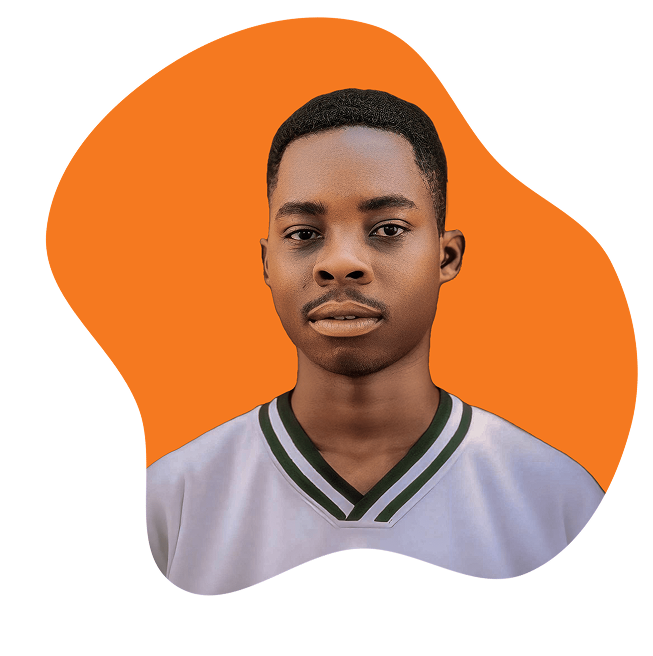 a hero image of a man with a white shirt and a green and orange background