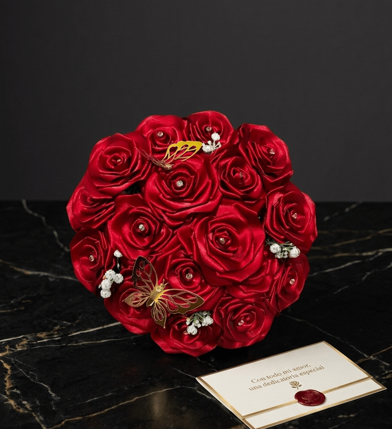 Ramo hecho a mano de rosas de satén rojo con mariposas doradas y una tarjeta de regalo personalizada