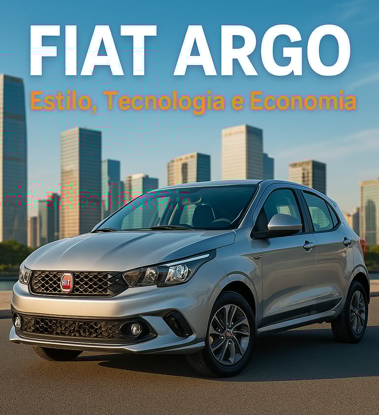 Fiat Argo prata em destaque com prédios ao fundo e chamada sobre estilo, tecnologia e economia