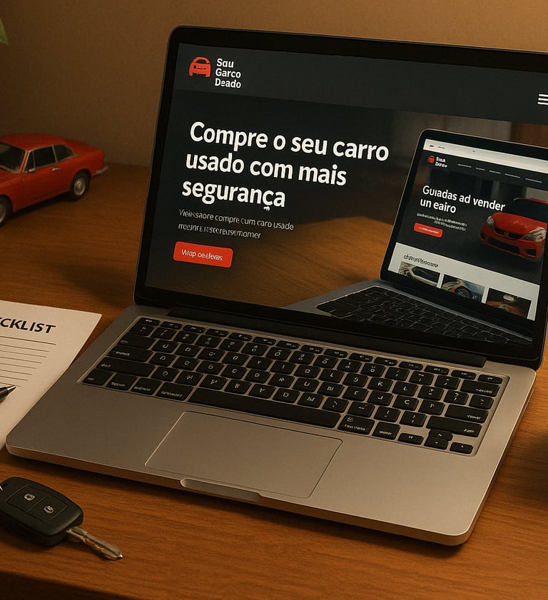 Setup de trabalho com notebook exibindo o blog Seu Carro Usado e logo azul ao centro