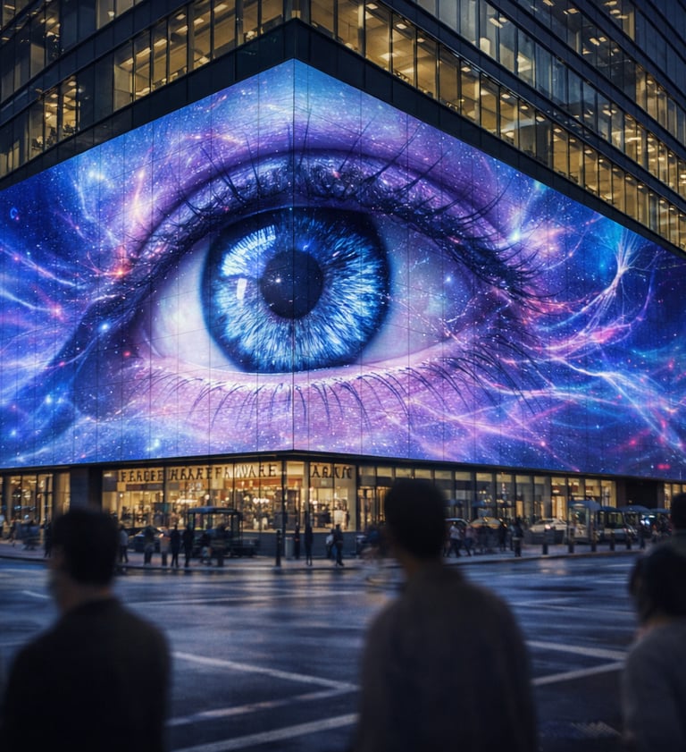 Giant digital billboard showing a cosmic eye on a modern glass office building at a busy city intersection.