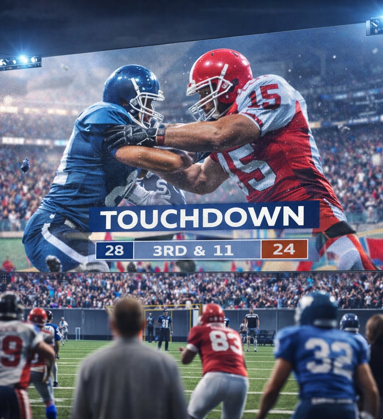 A live football game broadcast on a stadium jumbotron showing a touchdown during a 3rd down play.
