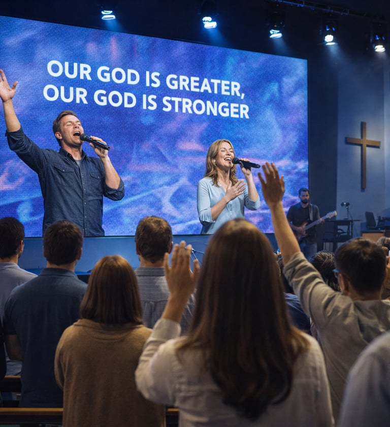 Contemporary church worship service with a band singing on stage and a congregation raising hands in prayer.
