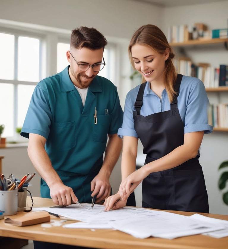 a man and woman in aprons and aprons are looking at papers