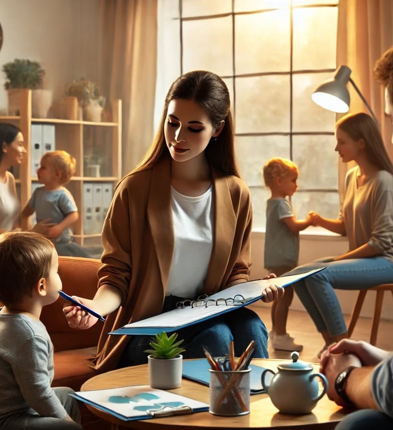 a woman sitting on a couch with a child and a man