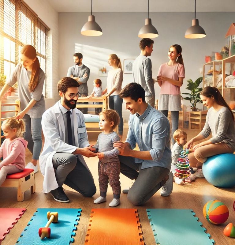 a man and woman sitting on a mat with a baby in a room with a