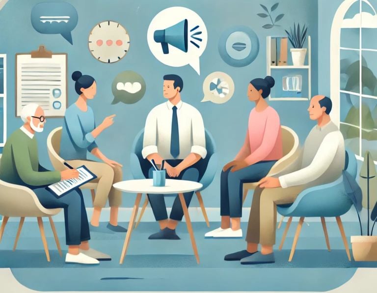 a group of people sitting around a table with a speaker