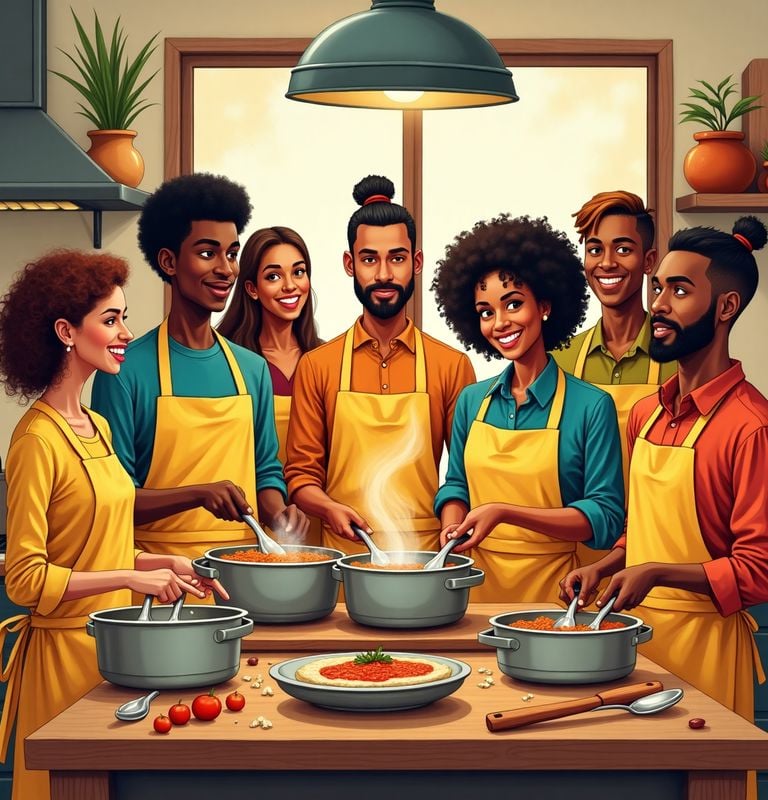 a group of people in aprons cooking and cooking together