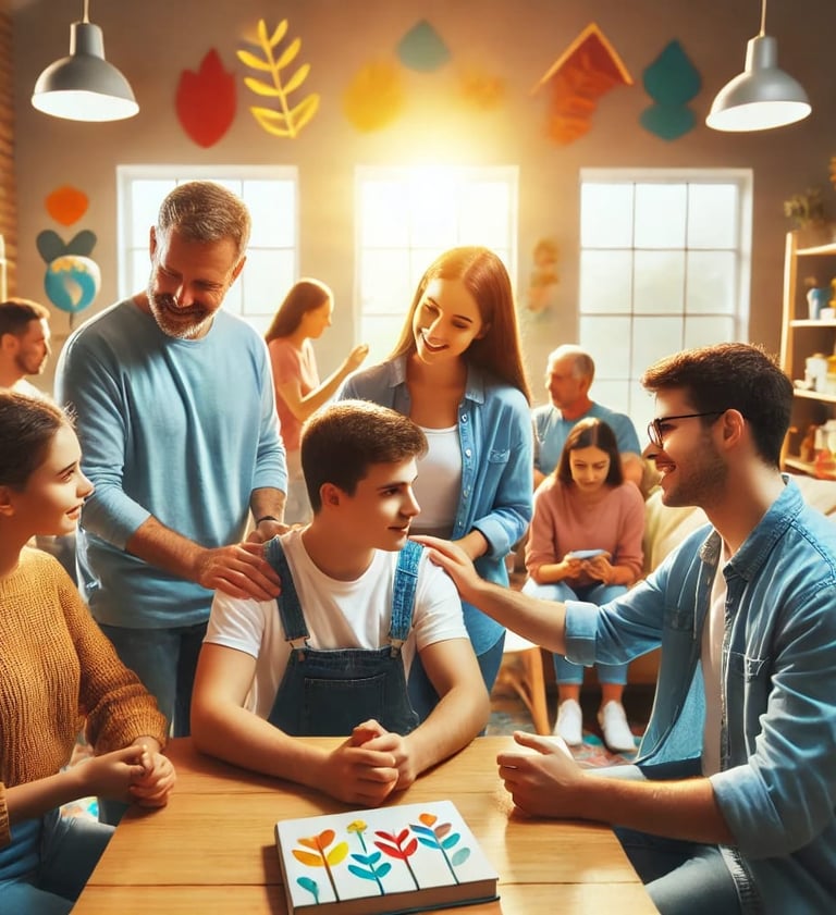 a family gathering in a living room with a birthday cake