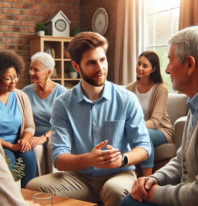 a man in a blue shirt is sitting on a couch
