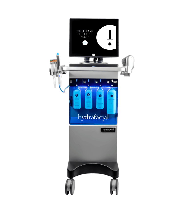 Appareil HydraFacial MD Elite avec bouteilles de solutions et écran de contrôle, utilisé pour les so