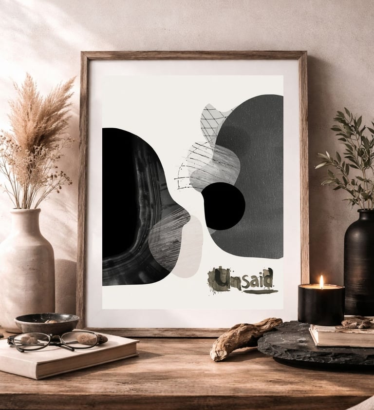 Framed monochromatic abstract wall art displayed on a rustic wooden table with a lit candle and pampas grass.
