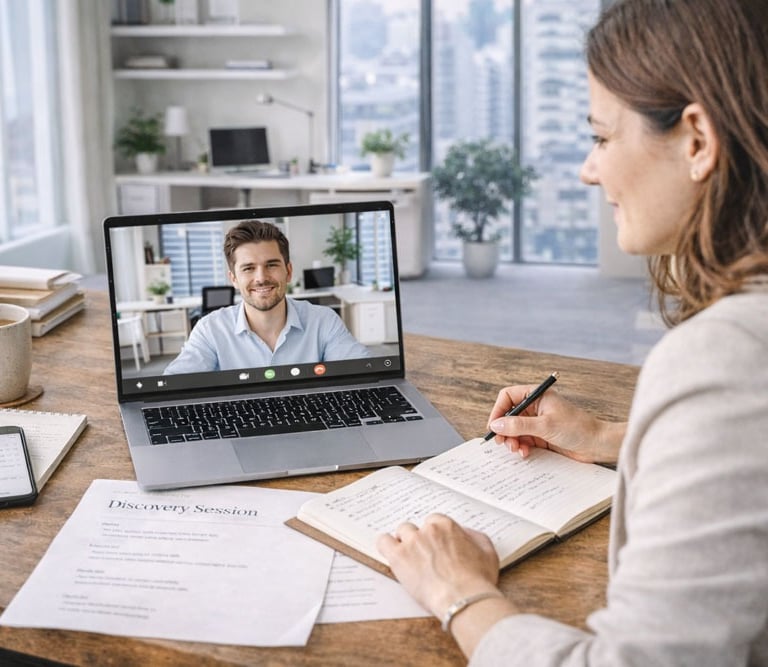 Brand strategy discovery session on Zoom showing a strategist gathering business goals, audience insights