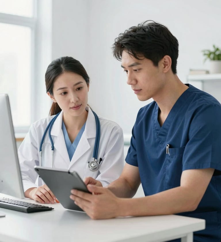 Two healthcare professionals in scrubs and white lab coats reviewing patient data on a digital tablet.